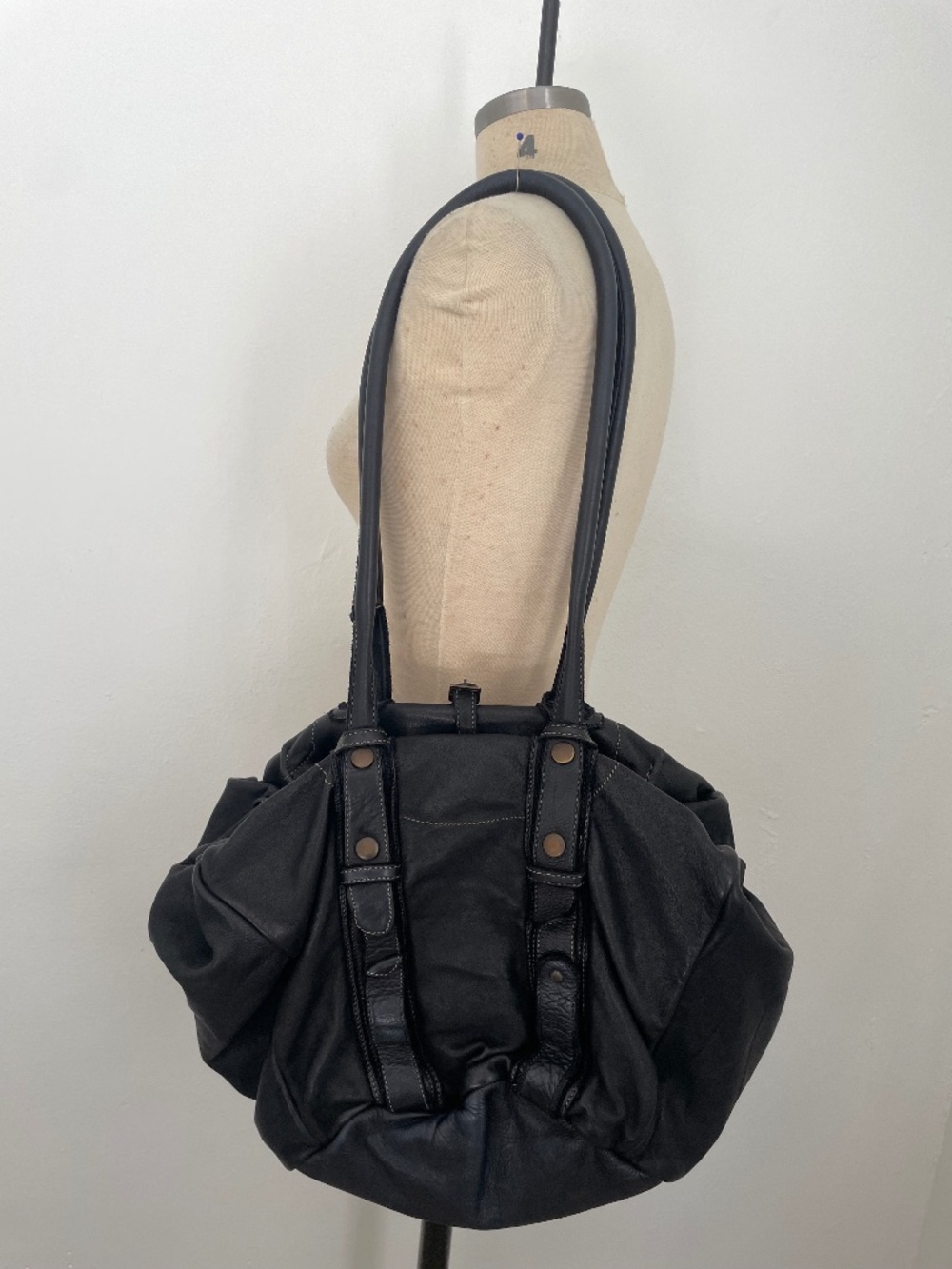 Calypso St. Barth Slouchy Strap Black Leather Shoulder Purse, City Bag, 90s Y2K